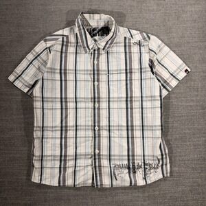 Quiksilver Plaid Button Down Shirt Boys S 8-10 White Grey Blue Excellent Graphic